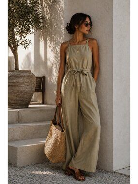Mossimo Womens Linen Blend Jumpsuit XXL Tan Wide Leg Sleeveless Belted Casual